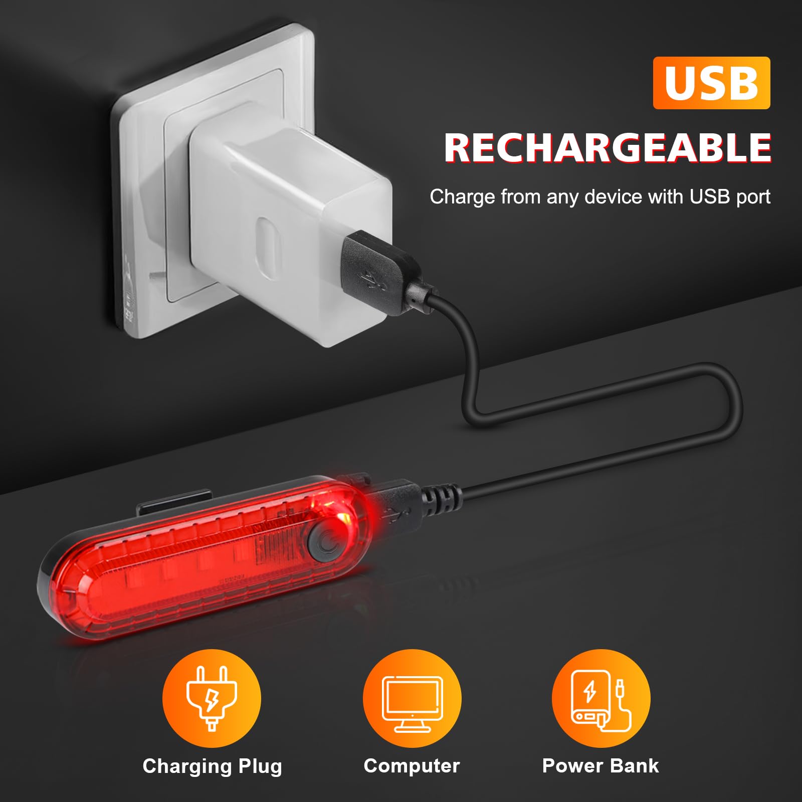 Ascher Usb Rechargeable Led Bike Tail Light 2 Pack, Bright Bicycle Rear Cycling Safety Flashlight, 330Mah Lithium Battery, 4 Light Mode Options, (2 Usb Cables Included)
